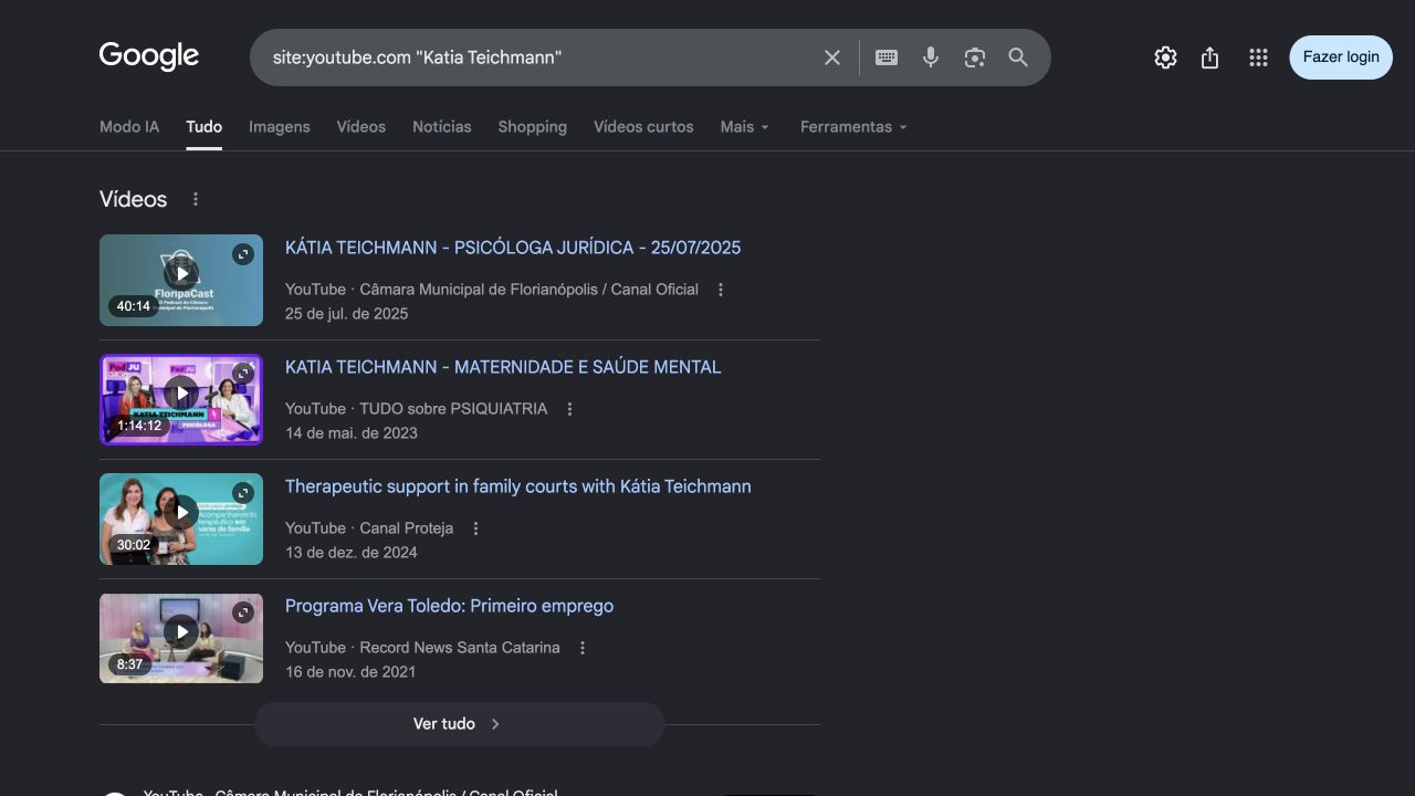 Resultados públicos de busca por vídeos de Katia Teichmann no YouTube